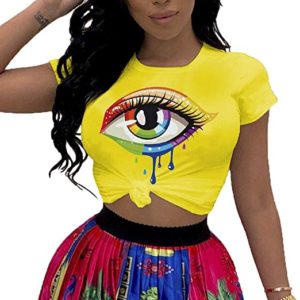 Womens Graphic Tees Short Sleeve Cotton Eye Print Neon Shirt by PESION