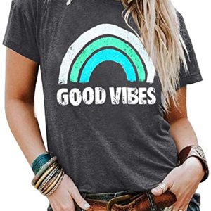 YEXIPO Womens Graphic Tees Good Vibes Shirt Short Sleeve Funny T Shirts Rainbow Print Cute Summer Tops