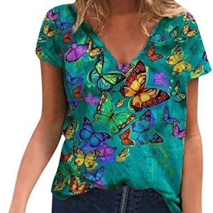 Plus Size Women Short Sleeve T-Shirt Butterfly Printed V-Neck Tops Casual Loose Fit Tee Blouse
